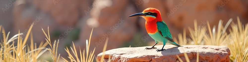 Obraz premium A vibrant carmine bee-eater perched on a flat rock ledge amidst desert grass and muted cliffs, showcasing wildlife beauty and natural elegance. National Geographic style. Banner, wallpaper 