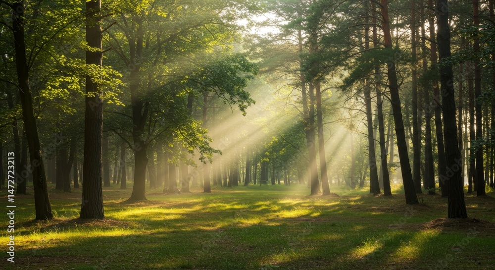Fototapeta premium Sunlit Open Forest with Scattered Trees and Grassy Floor