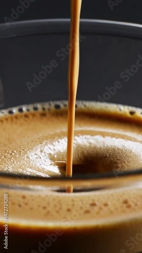 Coffee pouring espresso shot into glass cup for caffeine drink and morning beverage ritual