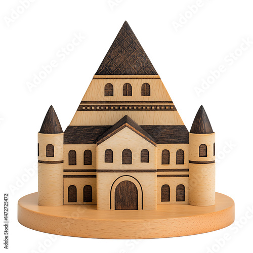 Wooden model of a castle with a pyramidal structure, detailed facade, and circular base. Brown and beige tones, intricate design.
