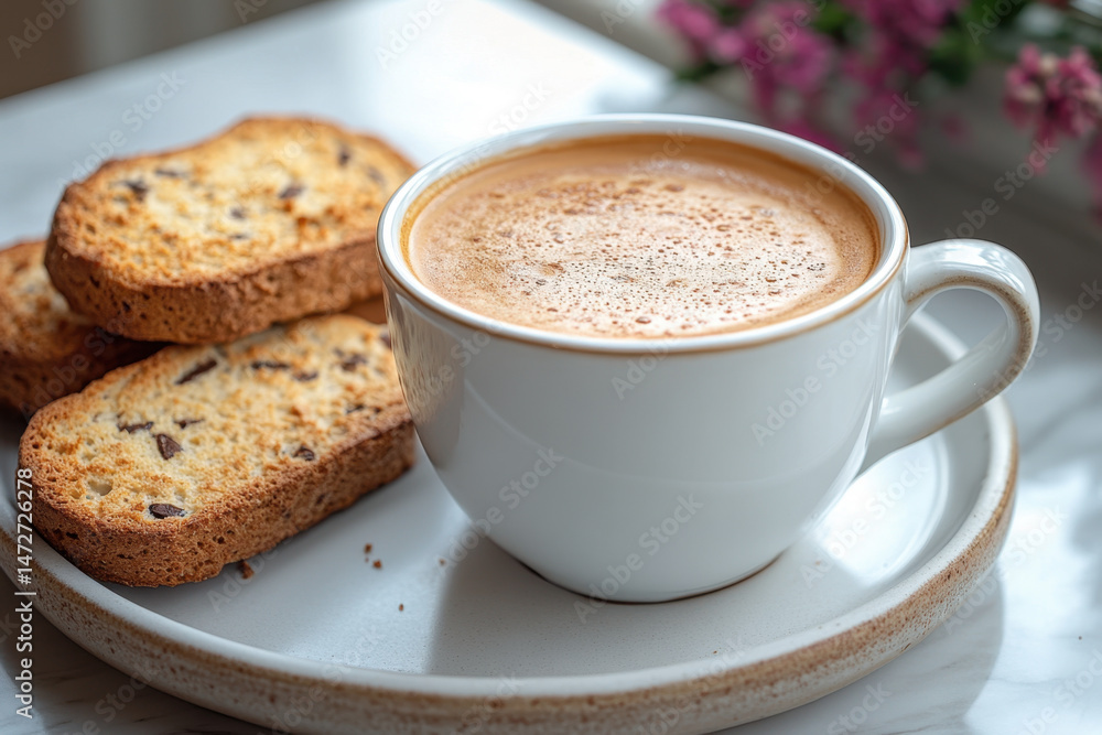 Obraz premium A cup of coffee and cookies on a plate.