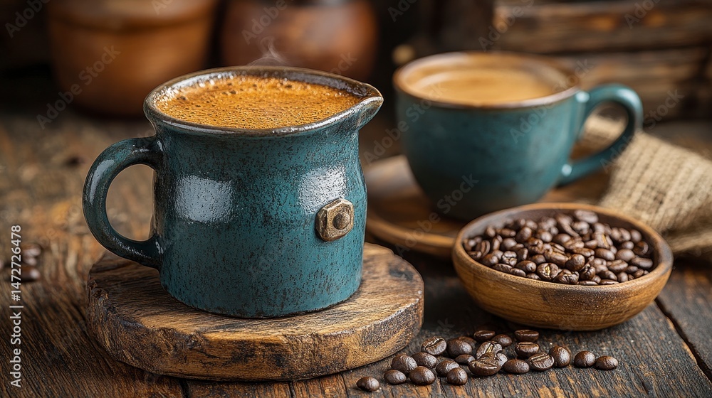 Steaming coffee in a rustic mug, alongside a bowl of beans and another cup Steaming coffee in a rustic mug, alongside a bowl of beans and another cup