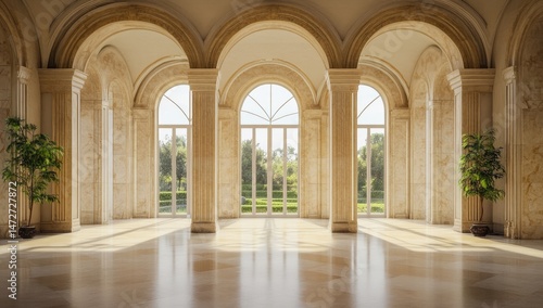 Grand  sunlit hall with arches and windows