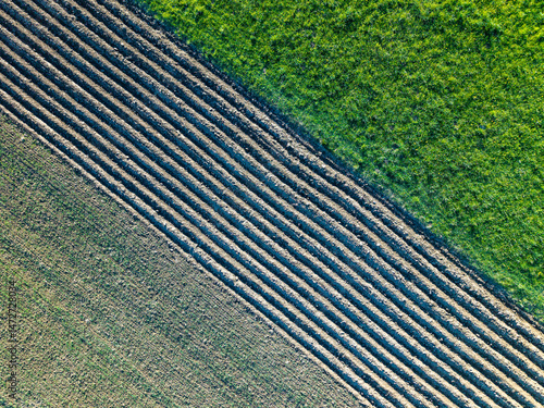 Geometric patterns in the fields in the countryside seen from above