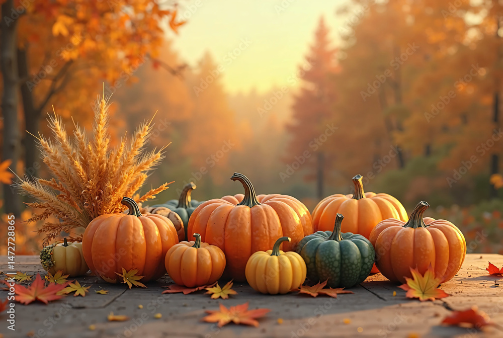 Assorted Pumpkins and Autumn Leaves Arranged on a Wooden Surface, Featuring a Background of Vibrant Fall Foliage in a Forest Setting
Assorted Pumpkins and Autumn Leaves Arranged on a Wooden Surface, Featuring a Background of Vibrant Fall Foliage in a Forest Setting
