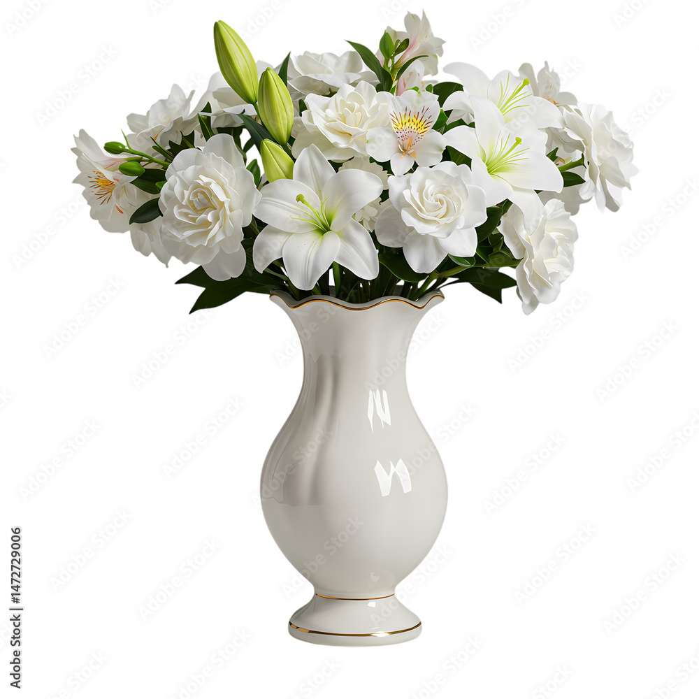 Elegant White Lily and Rose Bouquet in Cream Vase isolated on transparent background Elegant White Lily and Rose Bouquet in Cream Vase isolated on transparent background