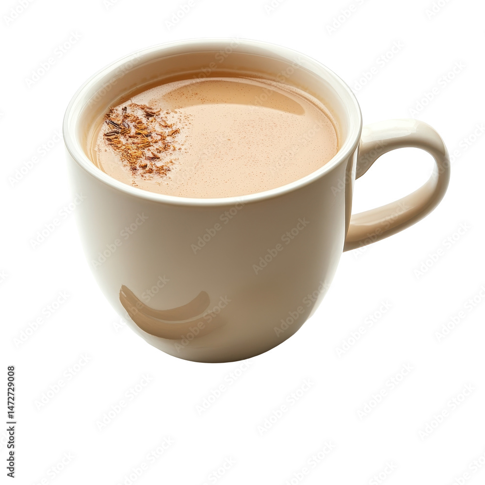 Fototapeta premium Warm beverage in white cup with cinnamon topping, perfect for cozy mornings or afternoon breaks