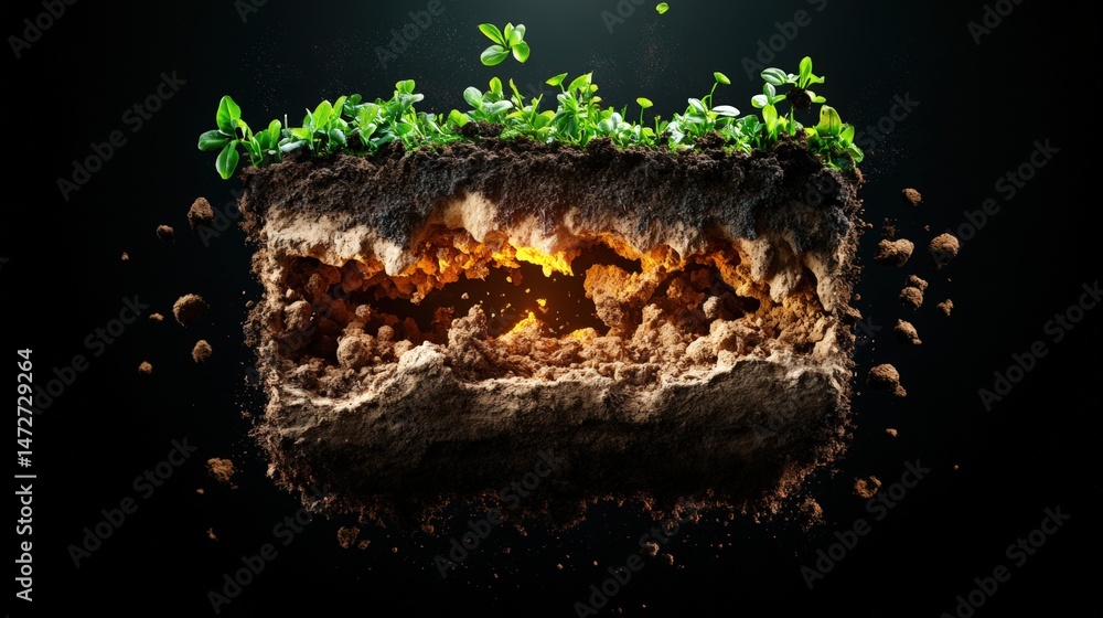 Fototapeta premium Cross section of soil with lush green sprouts growing on top highlighting earth's layers and plant growth ecosystem in vivid detail with dark background