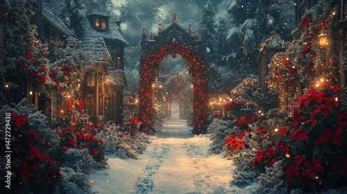 Snowy, festive, arched gateway through a charming village at night.  Cozy, decorated houses, lit by warm lights, snow-covered ground, and vibrant red decorations