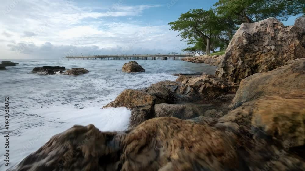 Scenic shoreline featuring calm water, large rocks, lush trees, and a distant pier under a cloudy sky, capturing a peaceful coastal scene Scenic shoreline featuring calm water, large rocks, lush trees, and a distant pier under a cloudy sky, capturing a peaceful coastal scene
