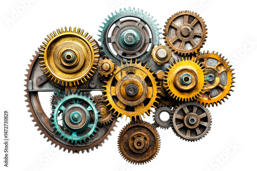 Detailed collection of vintage gears on a transparent background