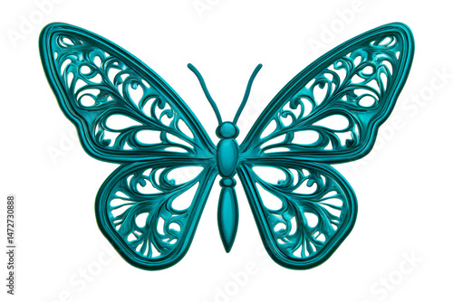 Teal butterfly with intricate designs on transparent bg