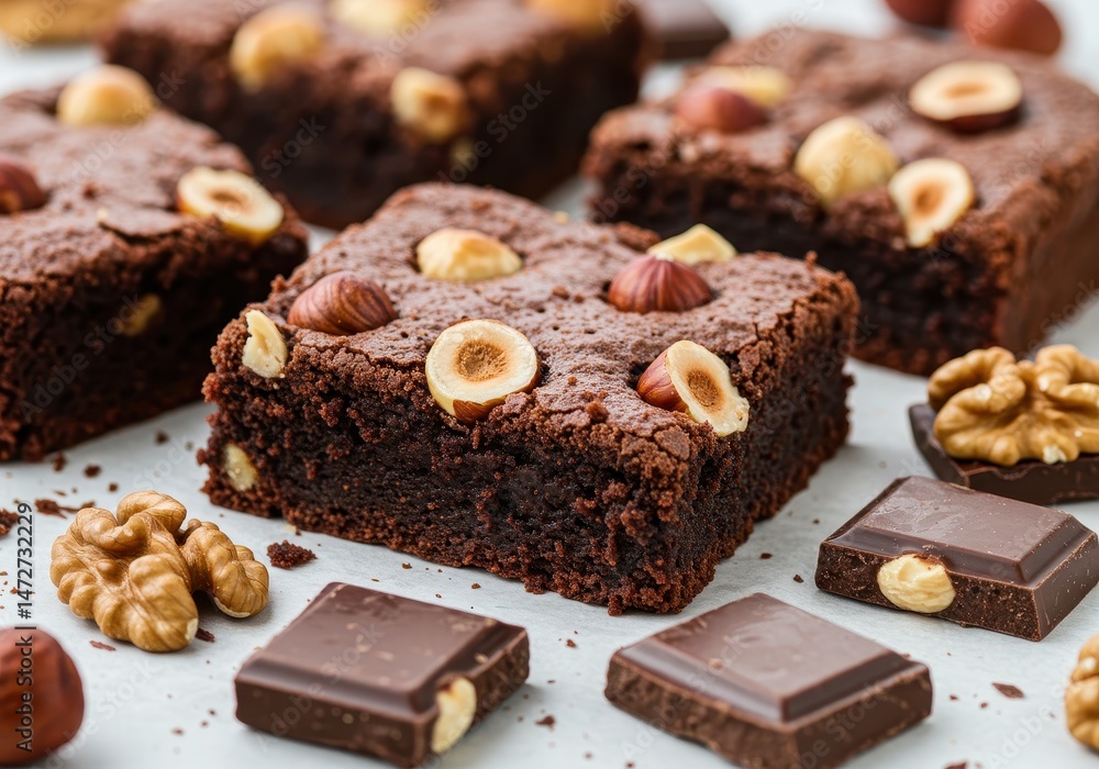 Chocolate brownies with hazelnuts and walnuts on a light surface, close up Chocolate brownies with hazelnuts and walnuts on a light surface, close up