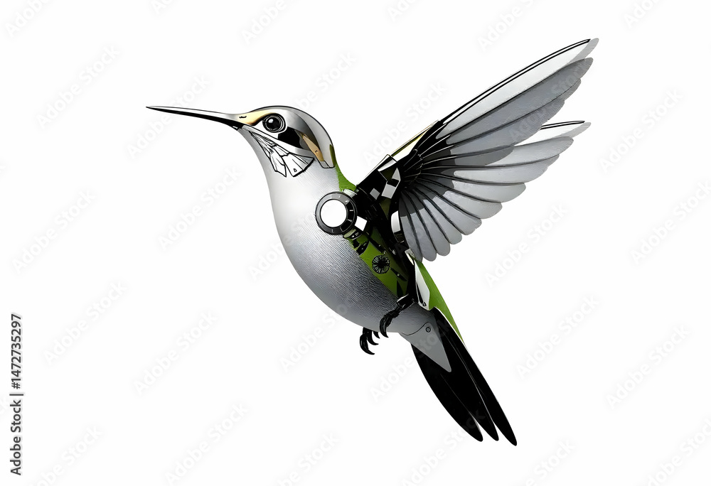 Obraz premium Metallic Hummingbird with Chrome Wings on Transparent Background