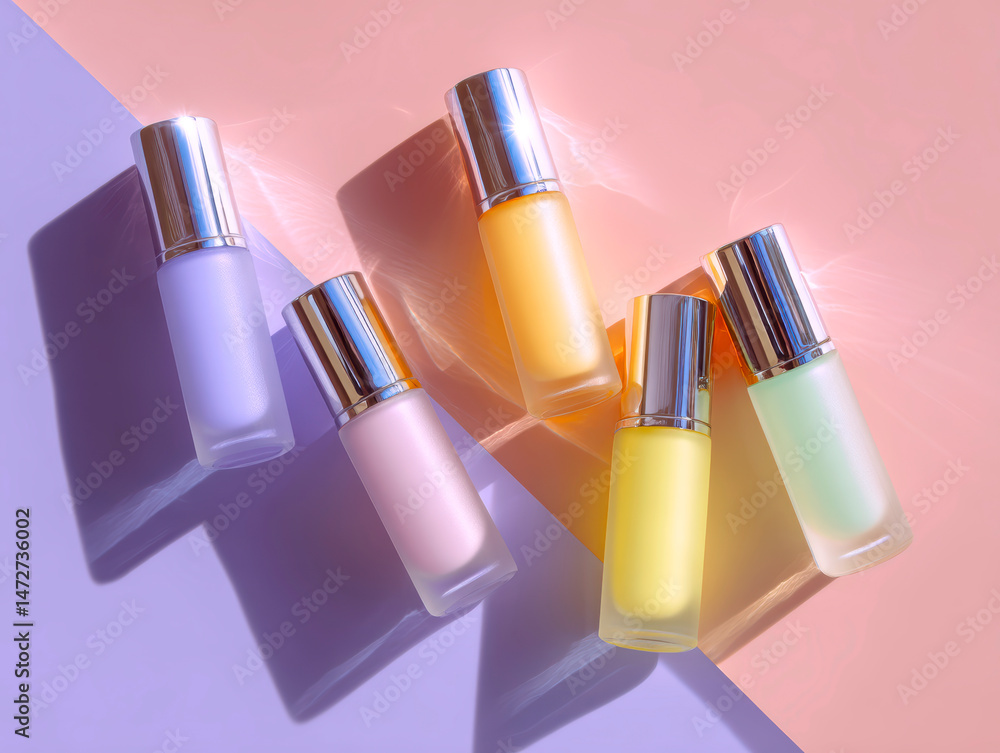 Obraz premium Pastel Cosmetic Bottles Flatlay with Light and Shadow
