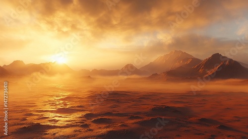 Fototapeta Naklejka Na Ścianę i Meble -  Fiery sunset over a dusty alien landscape.  Vast, orange-toned plains and mountains stretch into a hazy sky