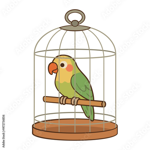 Cute doodle colorful parrot in a cage. Hand drawn Flat style icon. Perfect for children's books, websites, pet care, greeting cards, pet stores, stickers, digital stamp, Vector illustration
