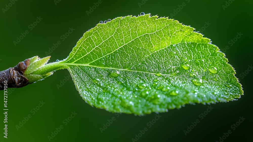 Leaf with Water Droplets on Green Background Leaf with Water Droplets on Green Background