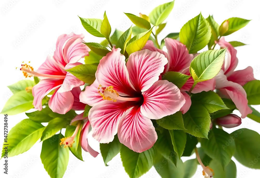Obraz premium Vibrant Hibiscus Bouquet with Pink Petals and Green Leaves in Bloom