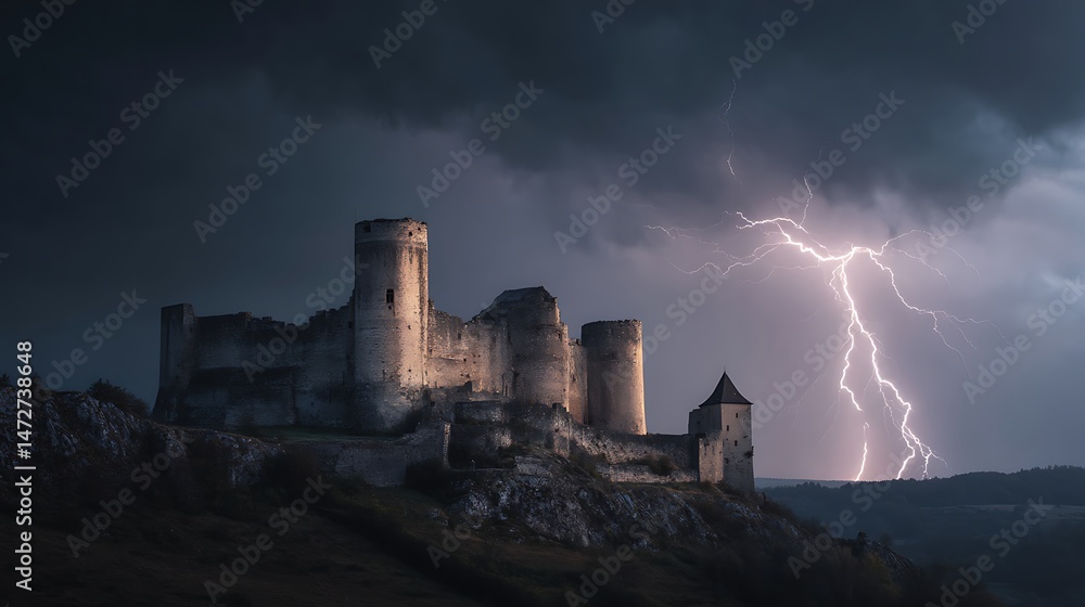 Fototapeta premium A stormy sky over an ancient castle, lightning illuminating the dark towers .