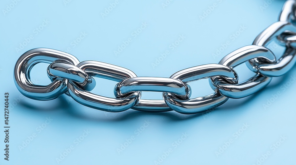 Fototapeta premium Close-up of shiny metal chain links on a light blue background, forming a curved pattern