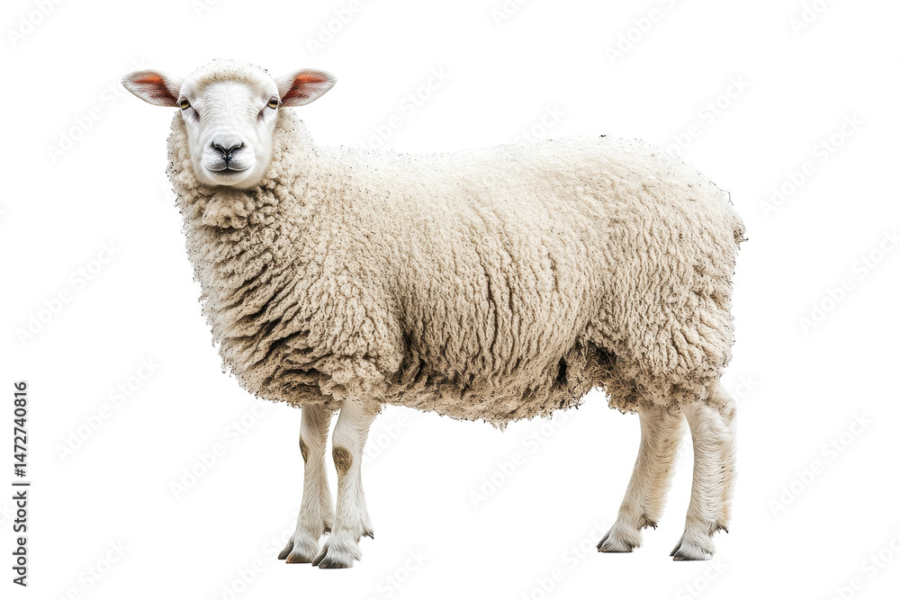 Fluffy white sheep standing with a curious expression against a clear background Fluffy white sheep standing with a curious expression against a clear background