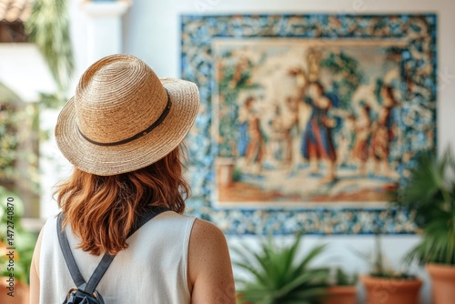 Woman in straw hat admiring a vibrant azulejo tile mural depicting a historical scene.