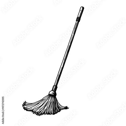 Engraved broom icon with long handle – concept of sweeping dust sanitation housework and janitorial service