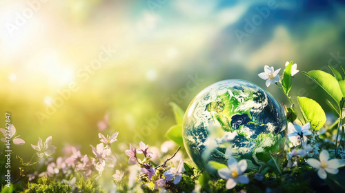 Earth globe nestled in vibrant spring blossoms, bathed in sunlight.  A symbol of environmental care and nature's beauty