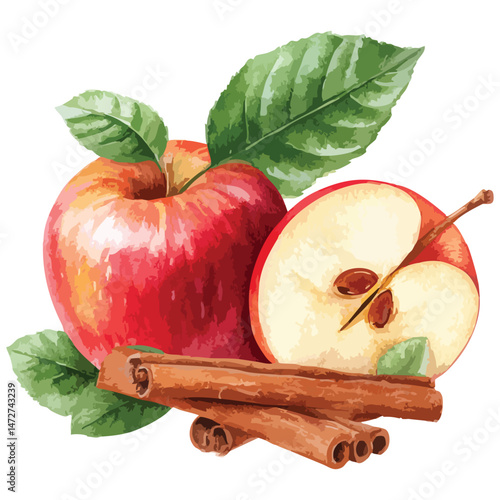 Red apple and cinnamon spice stick, illustration isolated