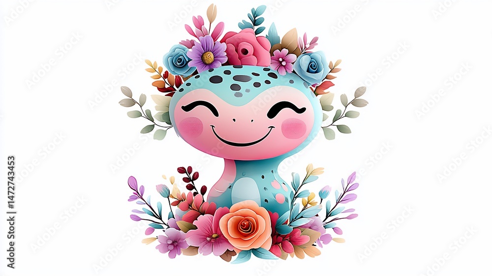 Adorable cartoon critter with floral crown & bouquet, smiling, on white Adorable cartoon critter with floral crown & bouquet, smiling, on white