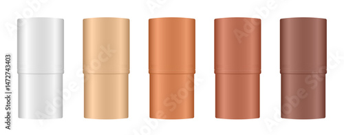 Mockup of closed cosmetic sticks. Cosmetic tube. Face contouring pen, highlighter or bronzer. Concealer or foundation. White, beige, bronze and brown containers