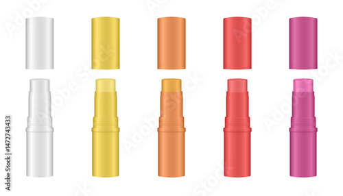 Mockup of open lip balm tubes. Cosmetic stick. Tinted lip balm. Lipstick. White, yellow, orange, red and purple colors