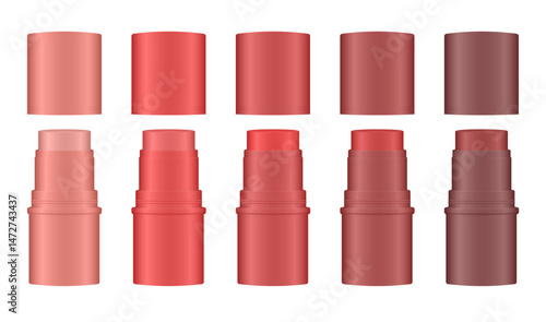 Mockup of open cosmetic sticks. Blush, cheek and lip tint. Pink, red and brown containers. Cosmetic tube. Pigmented cream blush