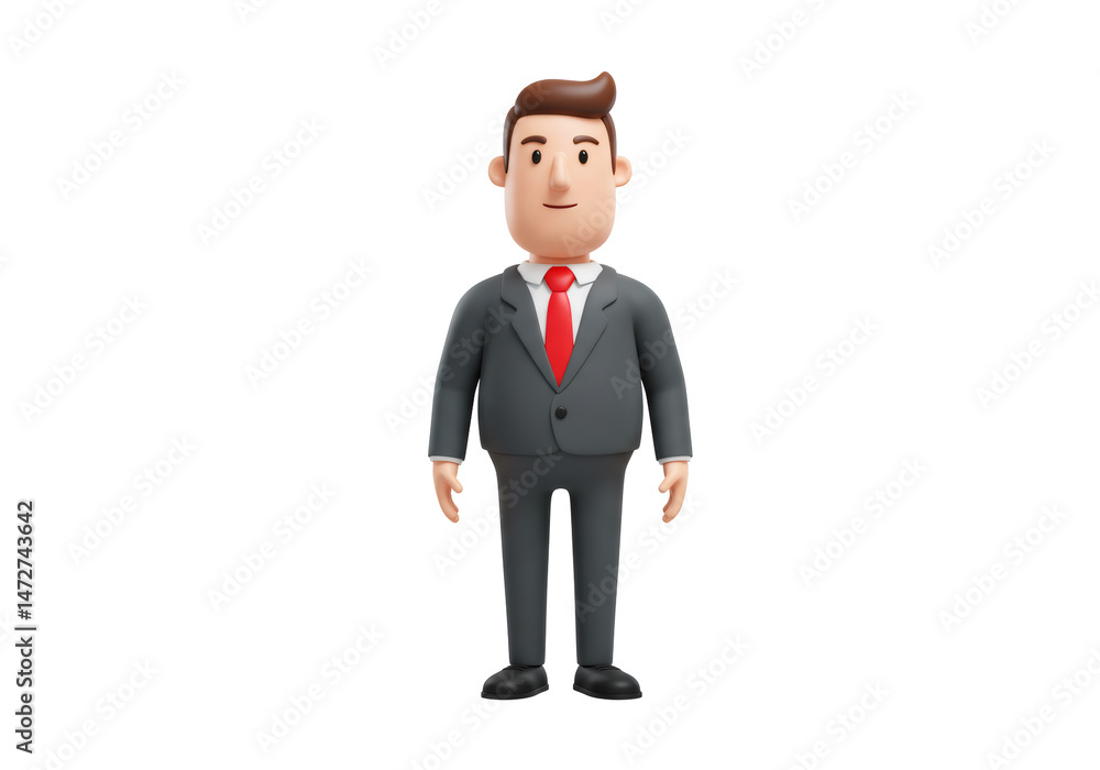 赤いネクタイが付いた灰色のスーツを着た3D漫画のビジネスマン 白い背景に隔離された透明な背景の自信に満ちたキャラクター 赤いネクタイが付いた灰色のスーツを着た3D漫画のビジネスマン 白い背景に隔離された透明な背景の自信に満ちたキャラクター