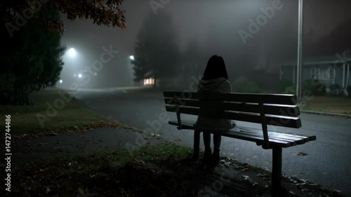 Lonely figure sits alone on park bench in fog at night under dim streetlight, a quiet and reflective moment, back view, eerie.