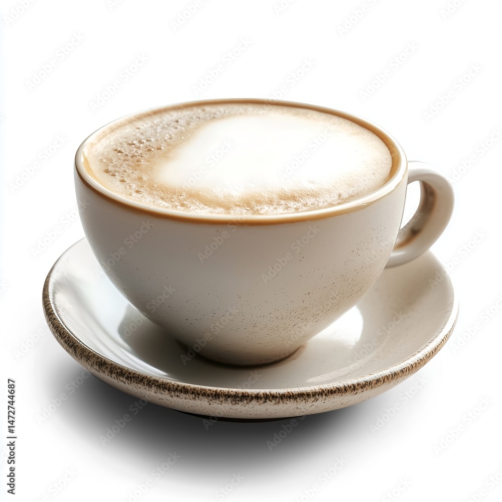 Obraz premium Gourmet Coffee: Cappuccino with Latte Art and Frothy Milk in a Ceramic Cup - Perfect Morning Breakfast Drink Presentation in Cafe Culture Atmosphere