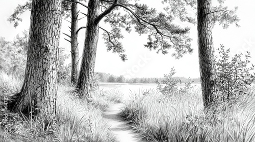 Pencil sketch of a sunlit forest path leading to a tranquil lake.  Detailed depiction of trees, undergrowth, and a grassy path