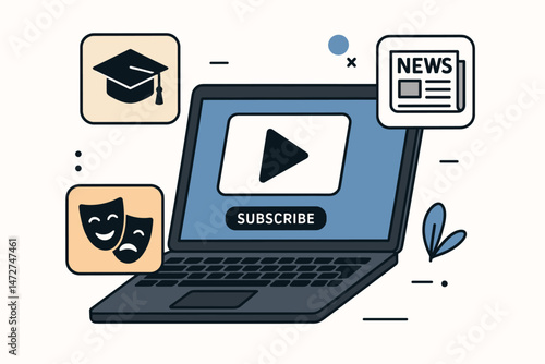 Subscribe to online streaming services concept illustration. Laptop showing video player with icons for education, movies, theater, and news media content. Digital multimedia platform.