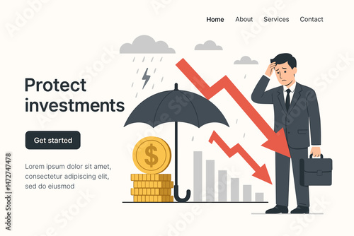 Investment Crisis Management landing page vector illustration showing a worried businessman, falling chart, and umbrella protecting money from economic storm, financial risk concept.