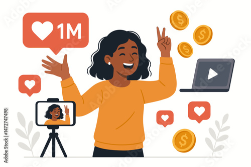 Excited African American vlogger celebrating 1M social media milestone achievement, recording video on phone. Flat vector concept of influencer success, online income, and engagement.