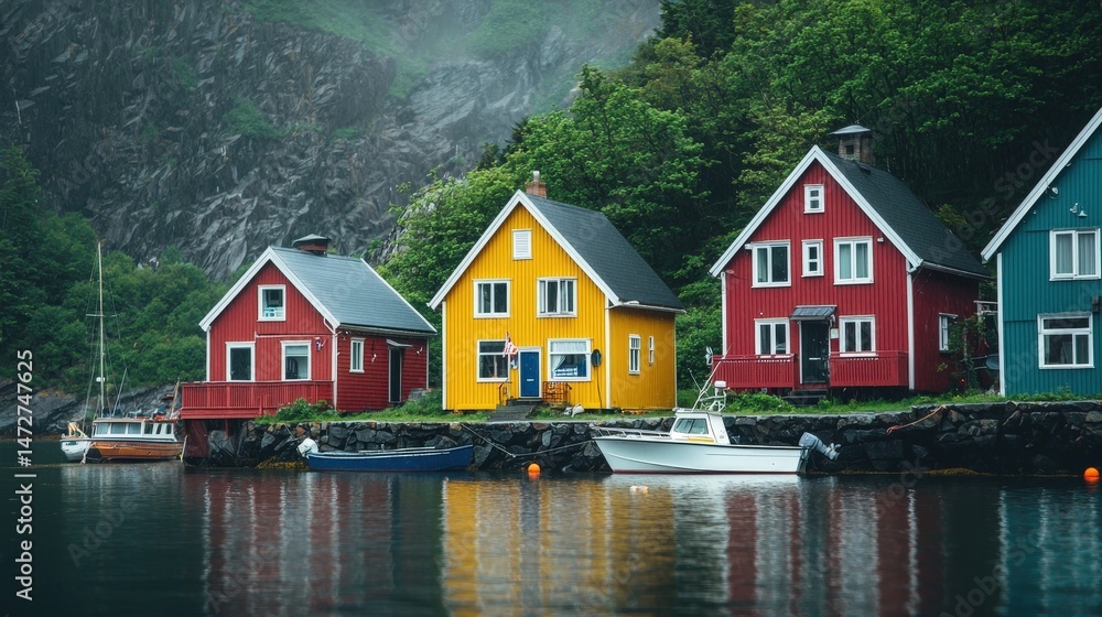 Fototapeta premium Colorful waterfront homes reflecting in calm water.