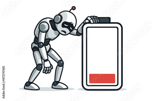 Sad tired robot leaning on low battery symbol vector illustration. Concept for technology fatigue, AI burnout, energy crisis, depleted power source, needs recharge, isolated on white.