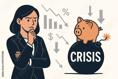 Economic crisis vector concept. Pensive businesswoman facing financial downturn, recession fears, declining graphs, falling percentages, and endangered savings represented by a piggy bank bomb.