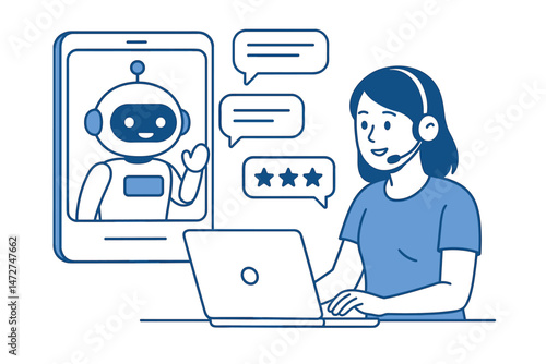 Customer support agent interacts with AI chatbot via laptop, online help desk concept, virtual assistant providing service & receiving feedback, simple blue line art vector illustration.