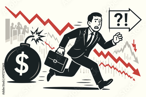 Vector illustration of panicked businessman fleeing financial disaster symbolized by dollar bomb and crashing stock charts, depicting economic crisis, investment risk, recession fear.