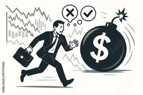 Scared businessman escaping a financial crisis bomb with dollar sign, stock market crash chart showing economic recession, investment failure, bad decisions, debt and panic vector illustration.