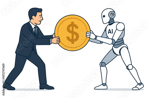 AI and human collaboration concept vector. Businessman and robot partner holding a large dollar coin, illustrating fintech, future investment, automation benefits, and business technology.
