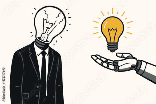 Conceptual illustration showing a robotic hand offering a bright new idea lightbulb to a businessman with a broken bulb head, symbolizing AI support, innovation, and overcoming burnout.