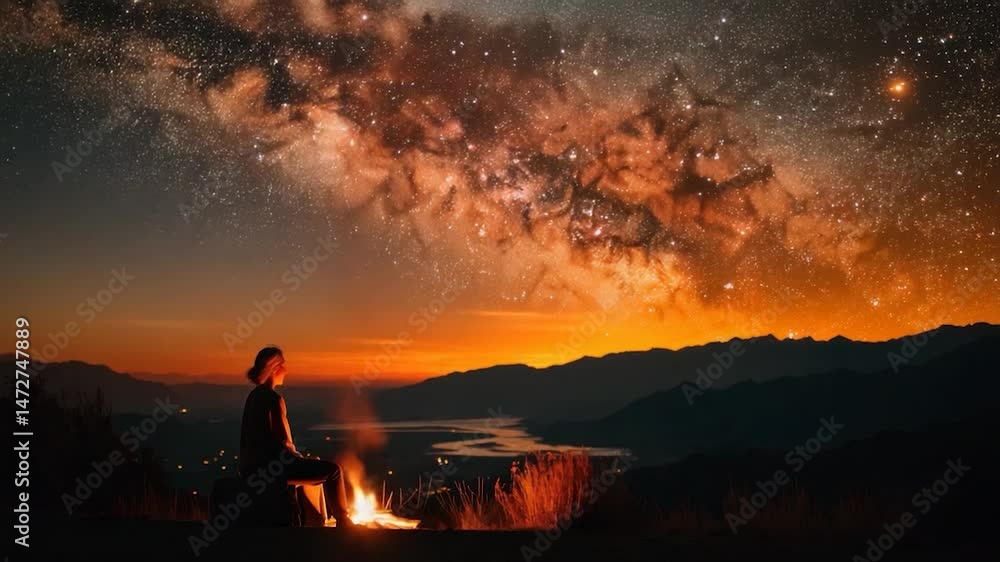 Person by campfire sunset mountain view Person by campfire sunset mountain view